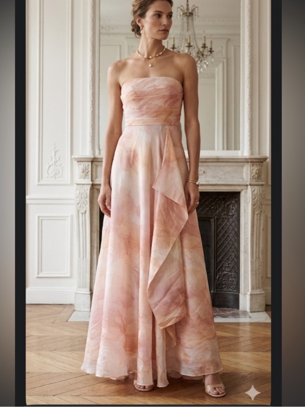 Donna Karan New York Strapless Floral Ball Gown Dress Size 4 Apricot Multi